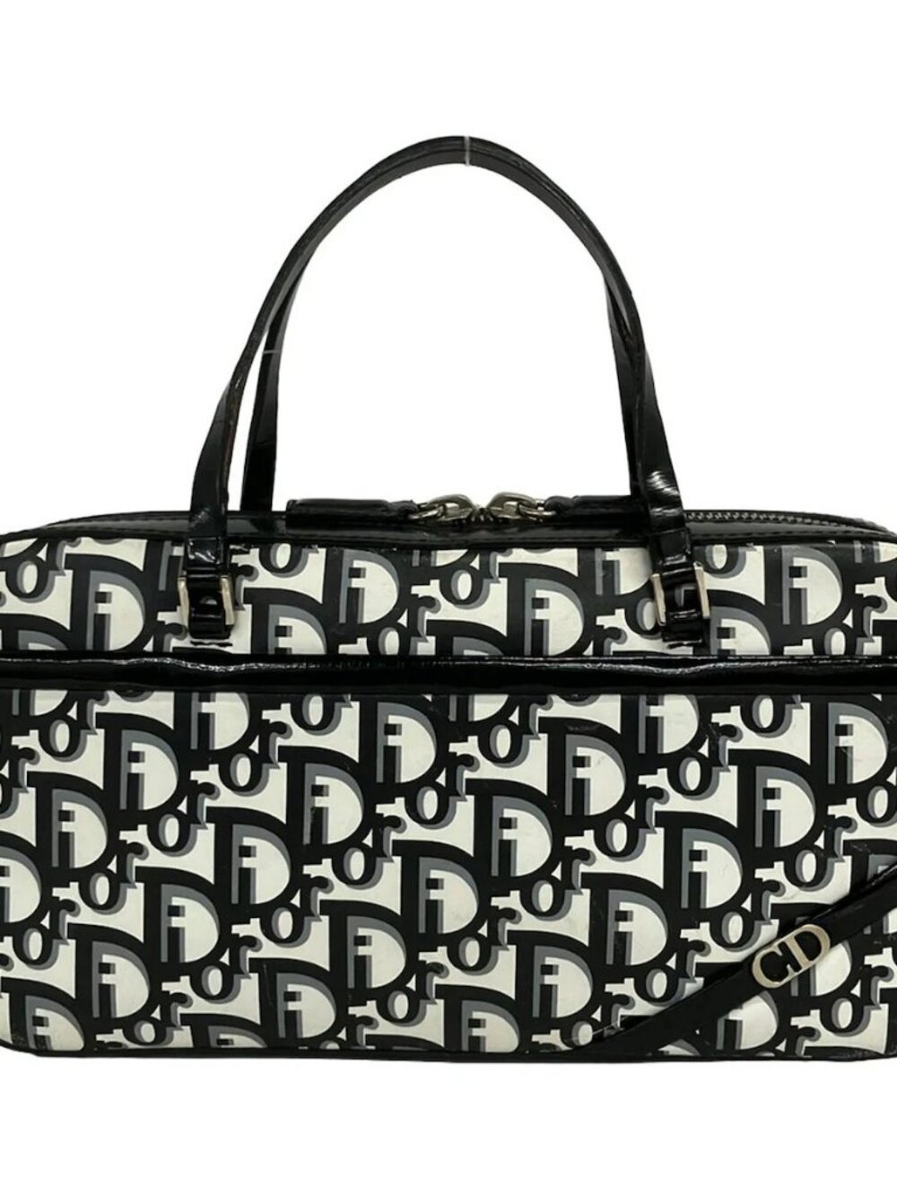 DIOR/ChristianDior Trotteur White Black Gray Leather Patent Leather Handbag